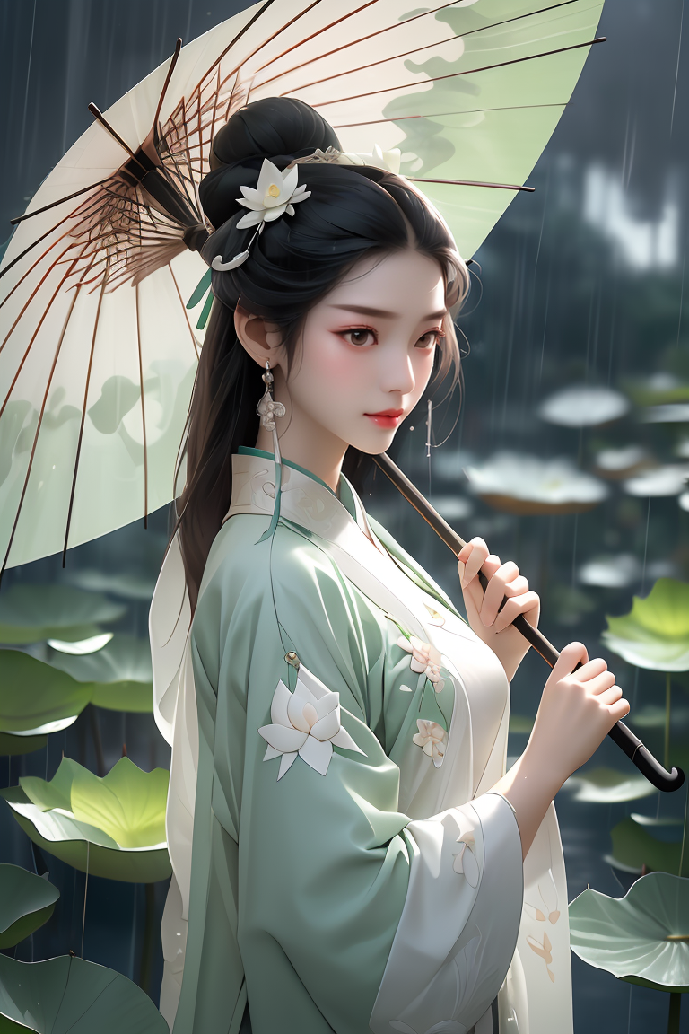 393790-445270450-A woman holds a oil-paper umbrella on her shoulder to shelter from the rain as part of a fashion event in the style of Yue Xiaof.png